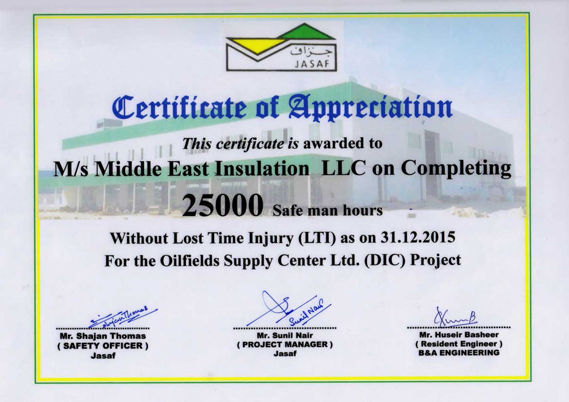 Certificate for Completing 25000 Safe Man Hours